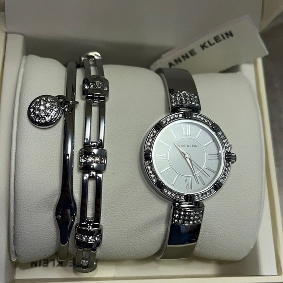 Anne Klein three-piece silver watch and bracelet set with crystals and gift box main image 4